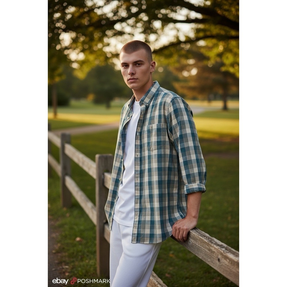 dkny t shirt  Button Down mens large Plaid Cotton Green